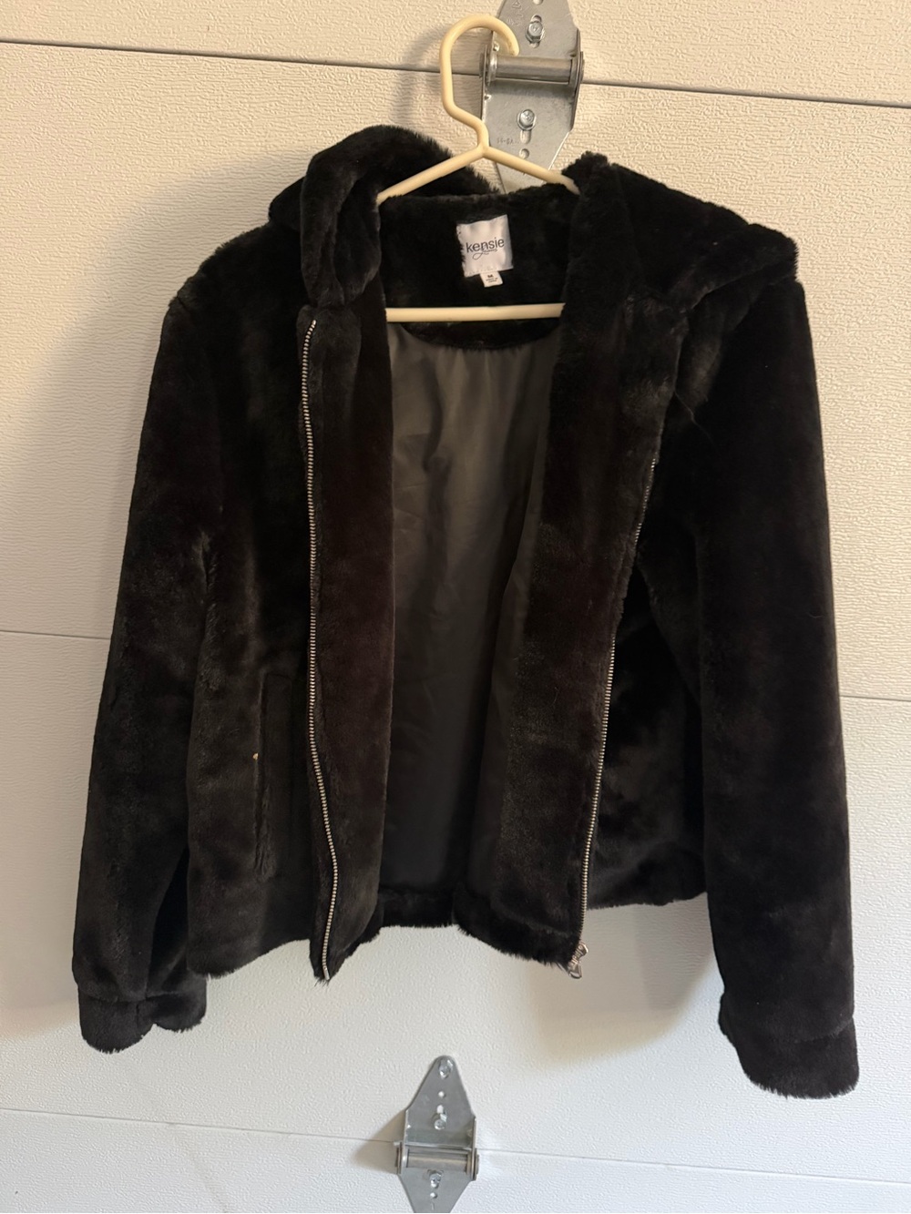 Kensie Black Plush Faux-Fur Hooded Jacket